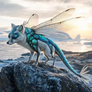 Arctic fox + Dragonfly